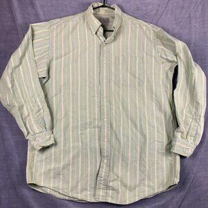 LL Bean Mens Size L Tall Shirt Green Striped ButtonUp Long Sleeve